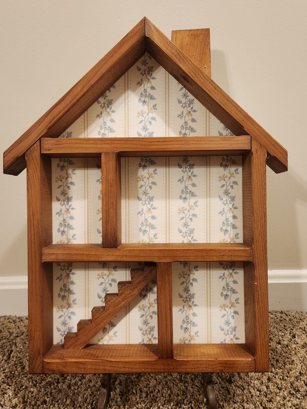 Wooden House-Shaped Wall Shelf in Natural Brown